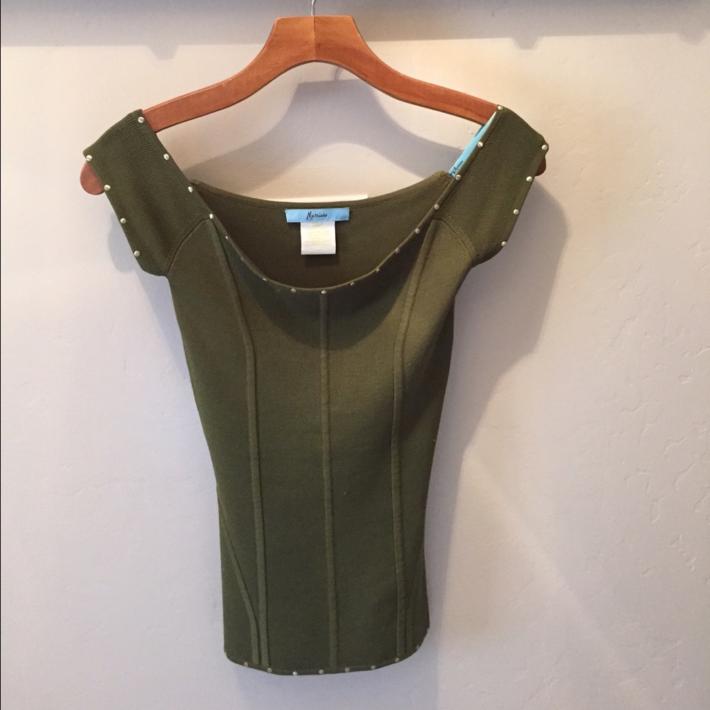 Marciano Olive Green Off-Shoulder Studded Knit Top